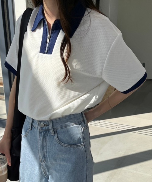 nemne store(ネンネストア)の「《Delfy》ワッフルポロハーフジップ(ポロシャツ・レディース・ネイビー/オフホワイト・フリー)」の15枚目の写真