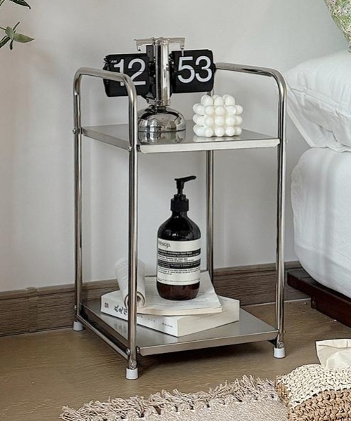 vintage ステンレス サイドテーブル 無機質 モダン ミッドセンチュリー 家具 ミッドセンチュリーモダンステンレス二段サイドテーブル