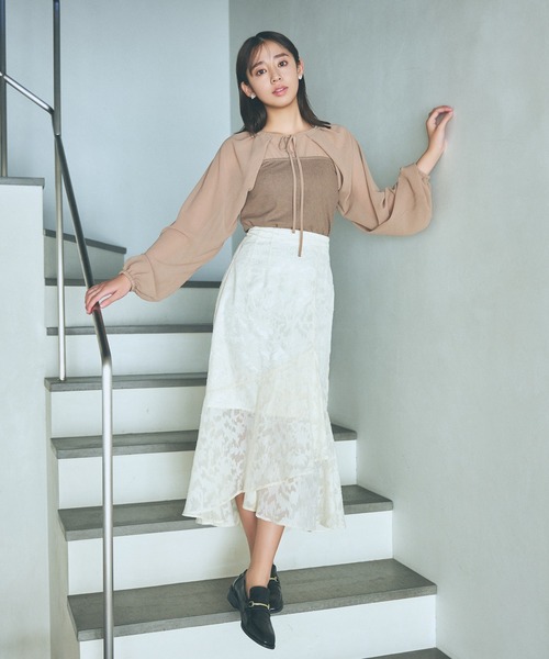 mysty woman（ミスティウーマン）の「レイヤースリーブプルオーバー　106908（Tシャツ/カットソー・レディース・モカ/ブラック/オフホワイト・FREE）」の4枚目の写真