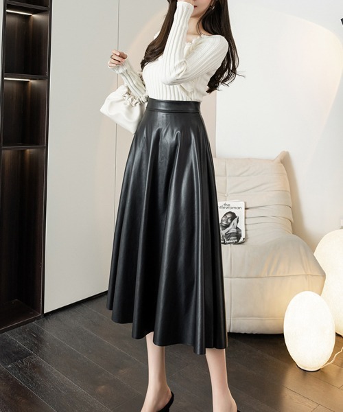 a lot of love（ア ロット オブ ラブ）の「PUレザー艶感フレアスカート（スカート・レディース・ブラック/ブラウン・S/M/L）」の13枚目の写真