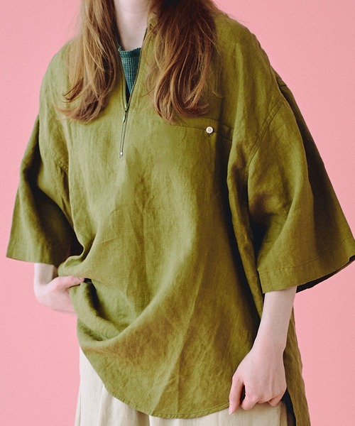Universal Style Wear(ユニバーサルスタイルウェア)の「Universal Style Wear パッカーリング ハーフジップ コットンリネン シャツ(シャツ/ブラウス・メンズ・スミクロ/ベージュ/オレンジ/グリーン・MEDIUM/LARGE/X-LARGE)」の6枚目の写真