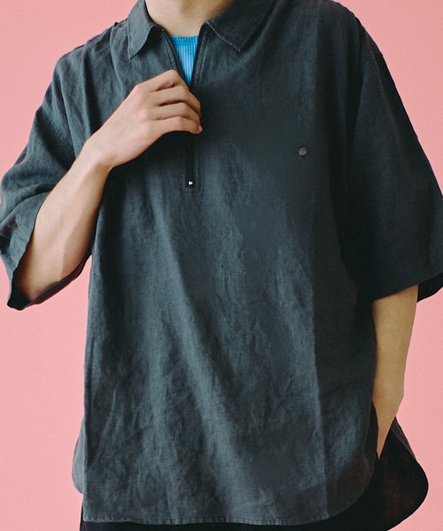Universal Style Wear(ユニバーサルスタイルウェア)の「Universal Style Wear パッカーリング ハーフジップ コットンリネン シャツ(シャツ/ブラウス・メンズ・スミクロ/ベージュ/オレンジ/グリーン・MEDIUM/LARGE/X-LARGE)」の8枚目の写真