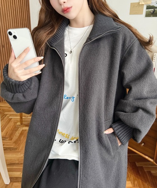 moment+（モーメントプラス）の「フェイクウールモッサリブスタンドカラーハーフコート（その他アウター・レディース・グレイッシュベージュ/チャコールグレー/ブラック・M/L）」の12枚目の写真