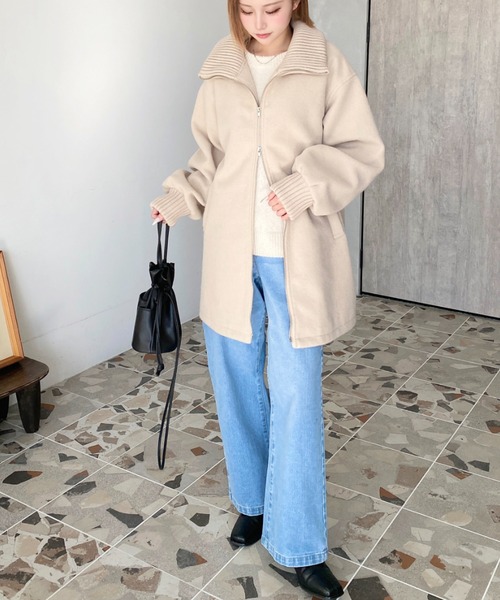 セール】フェイクウールモッサリブスタンドカラーハーフコート（その他