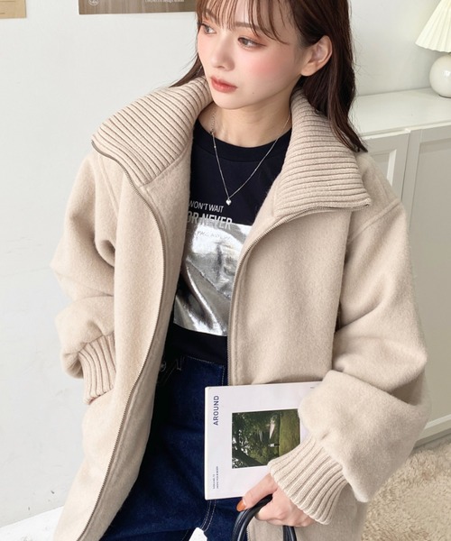 moment+（モーメントプラス）の「フェイクウールモッサリブスタンドカラーハーフコート（その他アウター・レディース・グレイッシュベージュ/チャコールグレー/ブラック・M/L）」の16枚目の写真