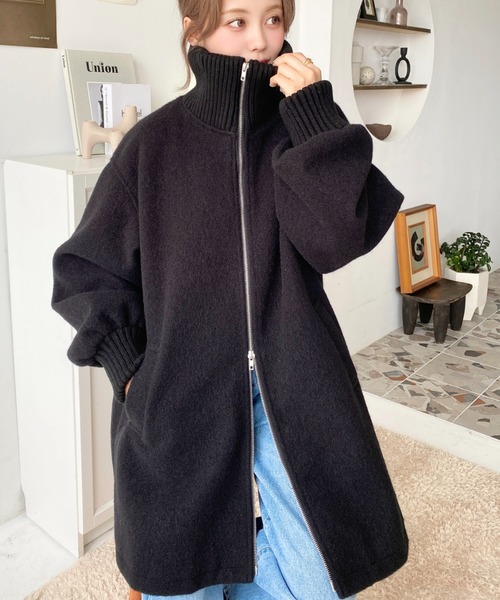 moment+（モーメントプラス）の「フェイクウールモッサリブスタンドカラーハーフコート（その他アウター・レディース・グレイッシュベージュ/チャコールグレー/ブラック・M/L）」の5枚目の写真