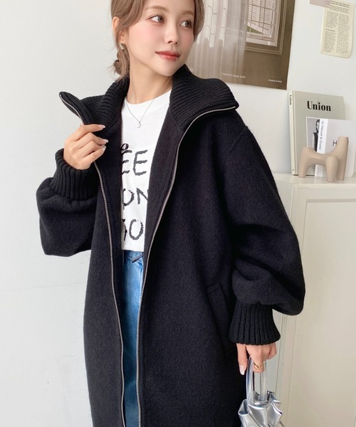 moment+（モーメントプラス）の「フェイクウールモッサリブスタンドカラーハーフコート（その他アウター・レディース・グレイッシュベージュ/チャコールグレー/ブラック・M/L）」の7枚目の写真