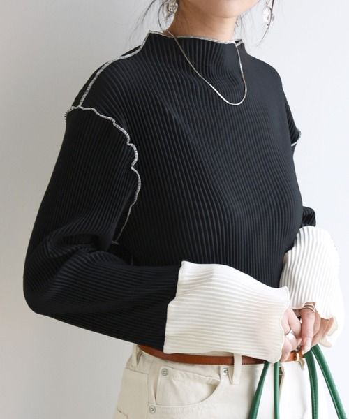 and it_（アンドイット）の「袖配色プリーツトップス（Tシャツ/カットソー・レディース・ライトグリーン/グレー/ブラウン/ブラック系1/ブラック系2/ライトブルー/ベージュ/キナリ・S-M/M-L）」の12枚目の写真