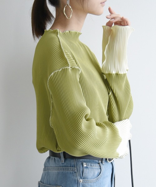 and it_（アンドイット）の「袖配色プリーツトップス（Tシャツ/カットソー・レディース・ライトグリーン/グレー/ブラウン/ブラック系1/ブラック系2/ライトブルー/ベージュ/キナリ・S-M/M-L）」の16枚目の写真