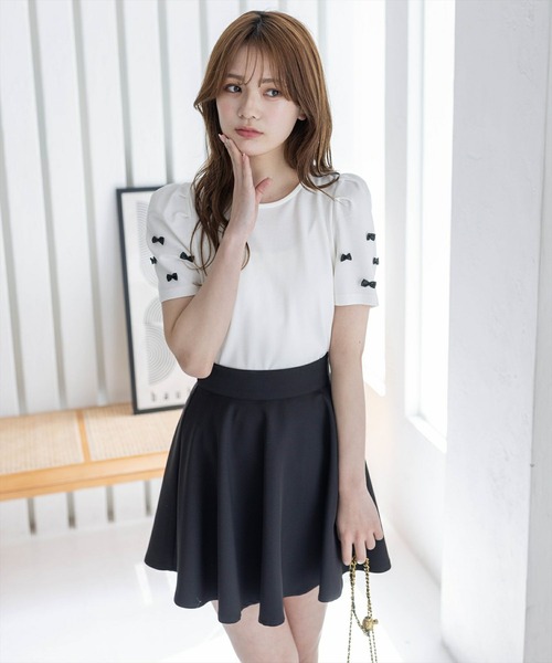 clear（クリア）の「バックジップ袖リボンフ半袖カットソートップス［バレエコア ガーリー カジュアル］≪再入荷≫（Tシャツ/カットソー・レディース・ホワイト×ブラック/ブラック×ホワイト/ブラック/オフホワイト・F）」の7枚目の写真