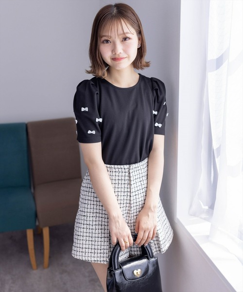 clear（クリア）の「バックジップ袖リボンフ半袖カットソートップス［バレエコア ガーリー カジュアル］≪再入荷≫（Tシャツ/カットソー・レディース・ホワイト×ブラック/ブラック×ホワイト/ブラック/オフホワイト・F）」の9枚目の写真