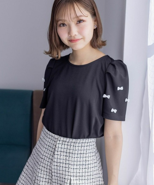 clear（クリア）の「バックジップ袖リボンフ半袖カットソートップス［バレエコア ガーリー カジュアル］≪再入荷≫（Tシャツ/カットソー・レディース・ホワイト×ブラック/ブラック×ホワイト/ブラック/オフホワイト・F）」の11枚目の写真