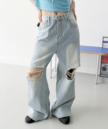 【男女兼用/UNISEX】(ダボっとしたシルエットで裾を引きずりスタイリッシュな着用おすすめ)ビンテージウォッシングダメージワイドデニムパンツ