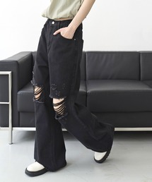 UNE MANSION（ユヌマンション）の「【男女兼用/UNISEX】（ダボっとしたシルエットで裾を引きずりスタイリッシュな着用おすすめ）ビンテージウォッシングダメージワイドデニムパンツ（デニムパンツ）」