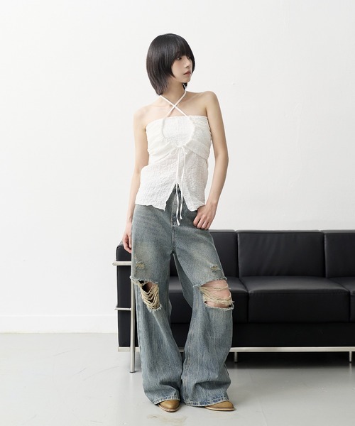 UNE MANSION(ユヌマンション)の「【男女兼用/UNISEX】(ダボっとしたシルエットで裾を引きずりスタイリッシュな着用おすすめ)ビンテージウォッシングダメージワイドデニムパンツ(デニムパンツ・レディース・ライトブルー/ブラック/ブルー系その他2/ブルー系その他・X-LARGE/SMALL/MEDIUM/LARGE)」の10枚目の写真