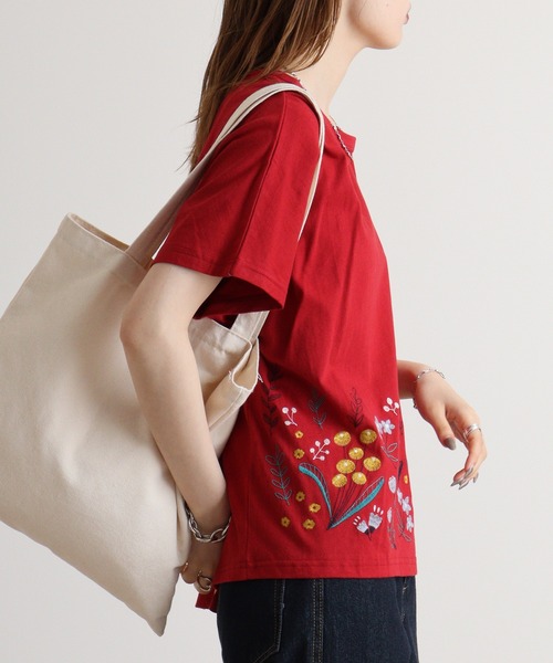【Emagoイマゴ】裾花刺繍ドルマンTシャツ　 EMAGO 裾花刺繍ﾄﾞﾙﾏﾝT（Tシャツ/カットソー）｜Emago（イマゴ