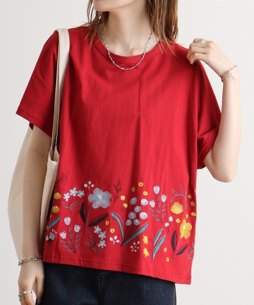 【Emagoイマゴ】裾花刺繍ドルマンTシャツ　 EMAGO 裾花刺繍ﾄﾞﾙﾏﾝT（Tシャツ/カットソー）｜Emago（イマゴ