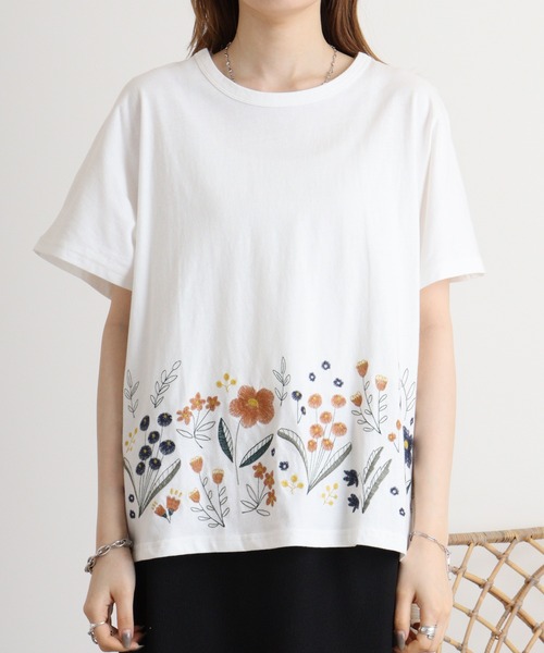 【Emagoイマゴ】裾花刺繍ドルマンTシャツ　 EMAGO 裾花刺繍ﾄﾞﾙﾏﾝT（Tシャツ/カットソー）｜Emago（イマゴ