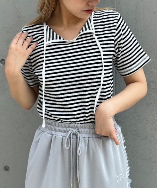 CIAOPANIC(チャオパニック)の「マルチWAYボーダーリンガーTee(Tシャツ/カットソー・レディース・オレンジ/ブラック/パープル/レッド・ONE SIZE)」の20枚目の写真