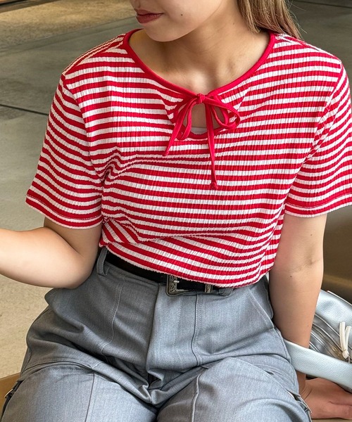 CIAOPANIC(チャオパニック)の「マルチWAYボーダーリンガーTee(Tシャツ/カットソー・レディース・オレンジ/ブラック/パープル/レッド・ONE SIZE)」の3枚目の写真