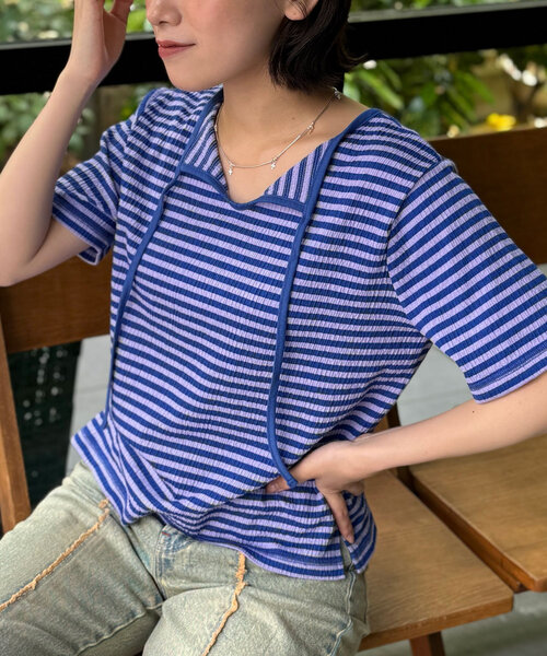 CIAOPANIC(チャオパニック)の「マルチWAYボーダーリンガーTee(Tシャツ/カットソー・レディース・オレンジ/ブラック/パープル/レッド・ONE SIZE)」の11枚目の写真