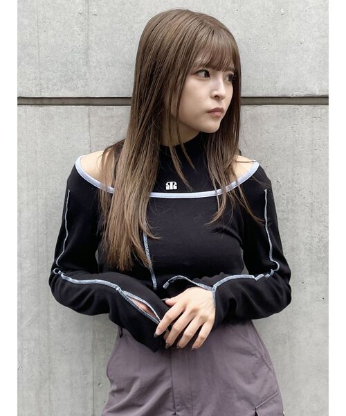 トップス mirumiru Marble Printed Plaid Sheer Crew Neck Top(1 BROWN): Mame