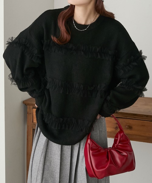 BONLECILL(ボンルシール)の「もちもちティアードチュールニットプルオーバー(ニット/セーター・レディース・杢グレー/ブラック/アイボリー・FREE)」の12枚目の写真