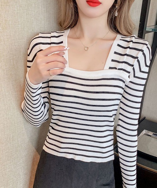 INASTUDIOS(イーナストゥディオス)の「ボーダースクエアネック カットソー レディース(Tシャツ/カットソー・レディース・ホワイト/ベージュ/ブラック・FREE)」の5枚目の写真