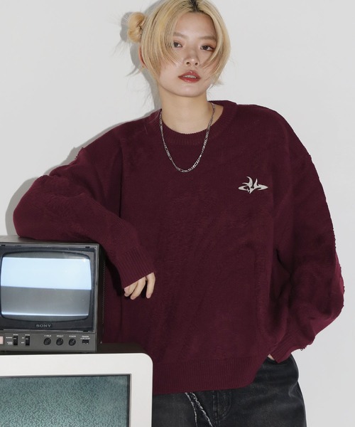 MSG ダブルジャガード アブストラクトメタルプレート ダメージニット MSG（エムエスジー）の「ダブルジャガード アブストラクトメタル