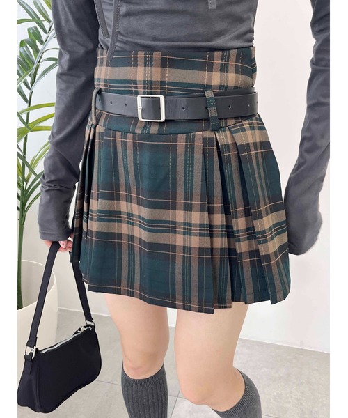 PHILLY(フィリー)の「【PHILLY】ベルトセットチェックスカパン(スカート・レディース・グリーン/ワイン・FREE)」の2枚目の写真