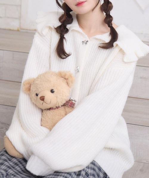 ems excite（エムズエキサイト）の「リボン釦デカ襟カーデ（カーディガン/ボレロ・レディース・ダークグレー/ブルー/ナチュラル・FREE）」の3枚目の写真