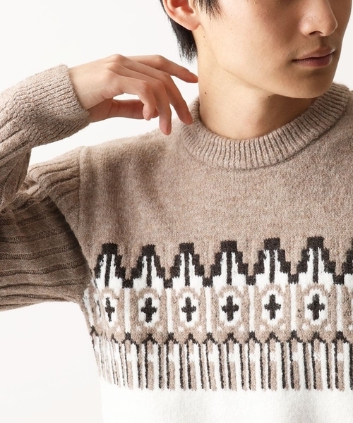 MK MICHEL KLEIN HOMME (エムケーミッシェルクランオム)の「【在庫限り!/洗える】MKHフェアアイルジャガードニット(ニット/セーター・メンズ・ネイビー/モカ/グレー・46/51/48)」の19枚目の写真