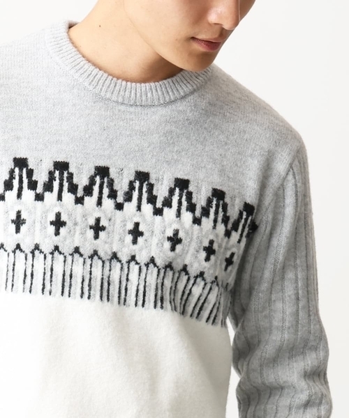 MK MICHEL KLEIN HOMME (エムケーミッシェルクランオム)の「【在庫限り!/洗える】MKHフェアアイルジャガードニット(ニット/セーター・メンズ・ネイビー/モカ/グレー・46/51/48)」の20枚目の写真