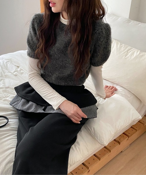 by muni:r（バイ ムニール）の「フリルダブルレイヤー起毛パンツ（スウェットパンツ・レディース・ブラック/ネイビー・FREE）」の5枚目の写真