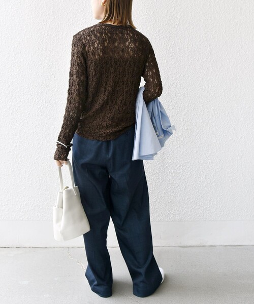 SHIPS シップス 手洗い可能 ラッセルレース クルーネック カットソー　黒 SHIPS tシャツ 「手洗い可能」ラッセル レース クルーネック