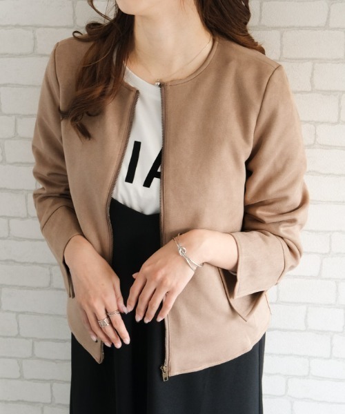 aquagarage（アクアガレージ）の「スエードタッチノーカラージャケット（その他アウター・レディース・ベージュ/アイボリー/ライトピンク/ライトブルー・M/L）」の3枚目の写真