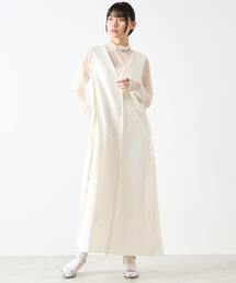 麻調深Vネックフリンジストレッチワンピース
