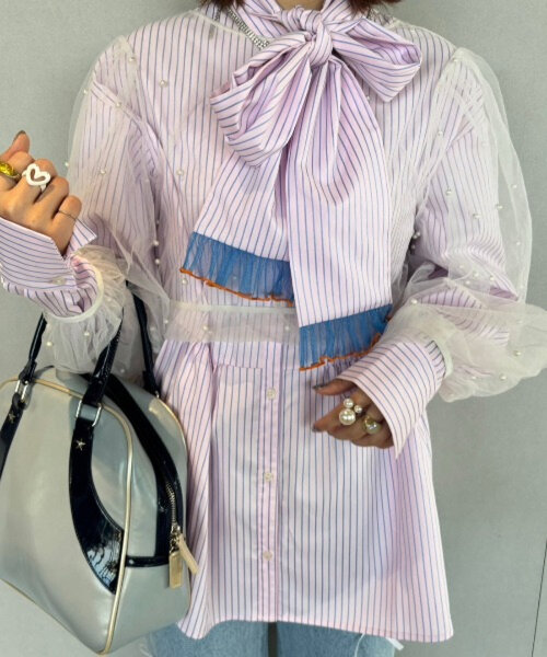 HELLO.SANFRANCISCO(ハローサンフランシスコ)の「【HELLO.SANFRANCISCO】【momo企画】ストライプ2wayボウタイブラウス(シャツ/ブラウス・レディース・ピンク/パープル/イエロー・ONE SIZE)」の4枚目の写真