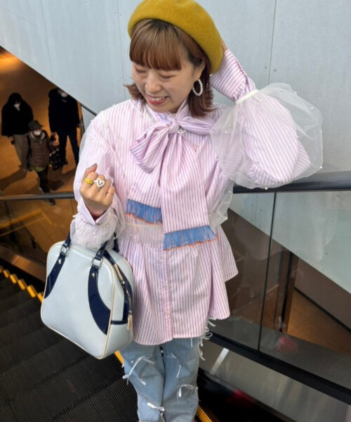 HELLO.SANFRANCISCO(ハローサンフランシスコ)の「【HELLO.SANFRANCISCO】【momo企画】ストライプ2wayボウタイブラウス(シャツ/ブラウス・レディース・ピンク/パープル/イエロー・ONE SIZE)」の10枚目の写真