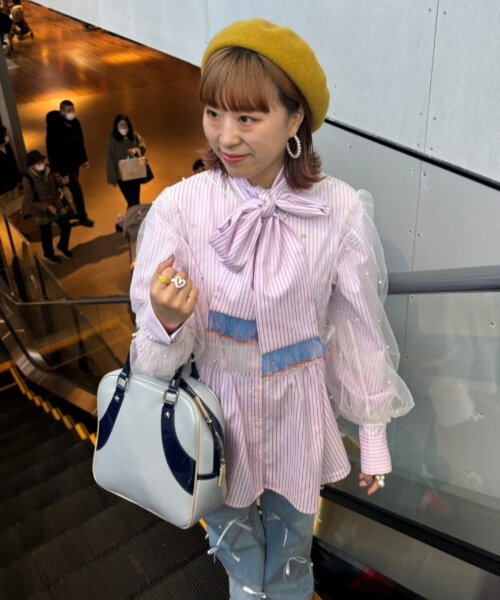 HELLO.SANFRANCISCO(ハローサンフランシスコ)の「【HELLO.SANFRANCISCO】【momo企画】ストライプ2wayボウタイブラウス(シャツ/ブラウス・レディース・ピンク/パープル/イエロー・ONE SIZE)」の11枚目の写真