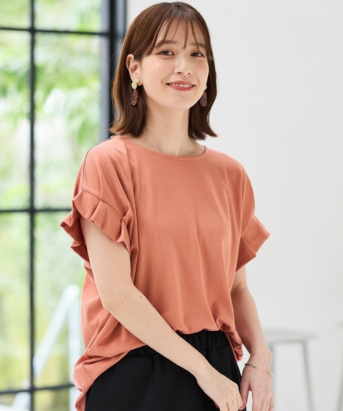 Honeys（ハニーズ）の「【ハニさら・接触冷感・吸水速乾・ＵＶカット】袖タックＴシャツ（Tシャツ/カットソー・レディース・オレンジ/スミクロ/オフホワイト/ブルー/グレイッシュベージュ/ブラック/ブルーグリーン/イエロー系その他/ライトブラウン・3L/L/LL/M/S）」の21枚目の写真