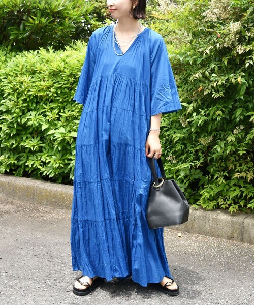 手洗い可能〉Fanaka:クリンクル 袖 フレア ロング ワンピース