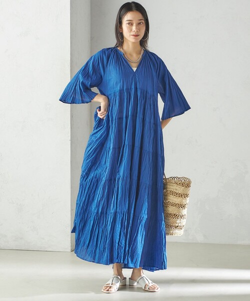 手洗い可能〉Fanaka:クリンクル 袖 フレア ロング ワンピース