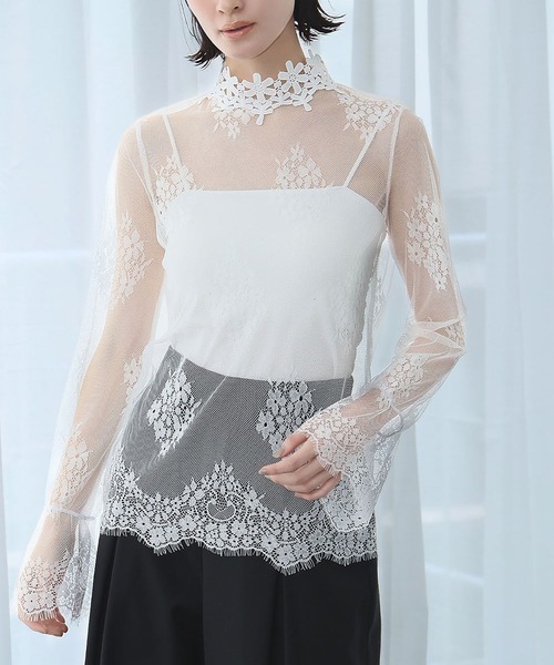 セール】シースルートップス 長袖 ハイネック チュール レース メロウ