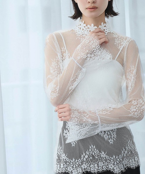 LOWO(ロワ)の「シースルートップス 長袖 ハイネック チュール レース メロウ メロー 花柄 シアートップス レイヤードトップス 結婚式 パーティー オケージョン お呼ばれ(Tシャツ/カットソー・レディース・ホワイト/ブラック・FREE)」の8枚目の写真