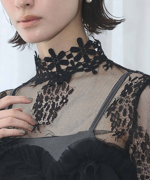 セール】シースルートップス 長袖 ハイネック チュール レース メロウ
