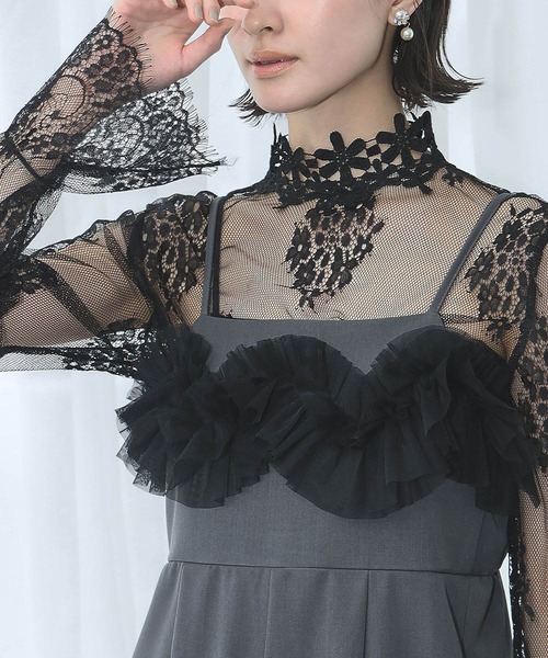 LOWO(ロワ)の「シースルートップス 長袖 ハイネック チュール レース メロウ メロー 花柄 シアートップス レイヤードトップス 結婚式 パーティー オケージョン お呼ばれ(Tシャツ/カットソー・レディース・ホワイト/ブラック・FREE)」の13枚目の写真