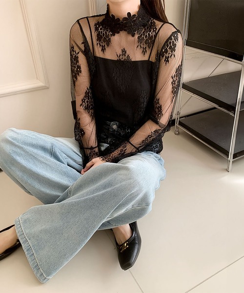 LOWO(ロワ)の「シースルートップス 長袖 ハイネック チュール レース メロウ メロー 花柄 シアートップス レイヤードトップス 結婚式 パーティー オケージョン お呼ばれ(Tシャツ/カットソー・レディース・ホワイト/ブラック・FREE)」の15枚目の写真