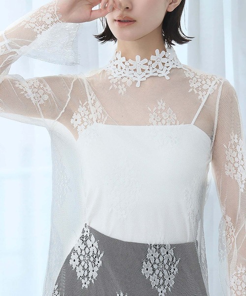LOWO(ロワ)の「シースルートップス 長袖 ハイネック チュール レース メロウ メロー 花柄 シアートップス レイヤードトップス 結婚式 パーティー オケージョン お呼ばれ(Tシャツ/カットソー・レディース・ホワイト/ブラック・FREE)」の16枚目の写真
