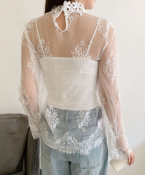 LOWO(ロワ)の「シースルートップス 長袖 ハイネック チュール レース メロウ メロー 花柄 シアートップス レイヤードトップス 結婚式 パーティー オケージョン お呼ばれ(Tシャツ/カットソー・レディース・ホワイト/ブラック・FREE)」の18枚目の写真
